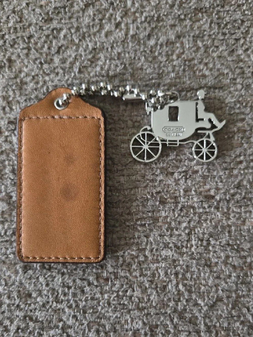Coach Tan Leather Tag Keychain with Silver Carriage Charm